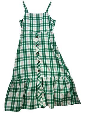 Women's Smocked Peasant Summer Midi Dress Sleeveless Sz XL Green White Plaid